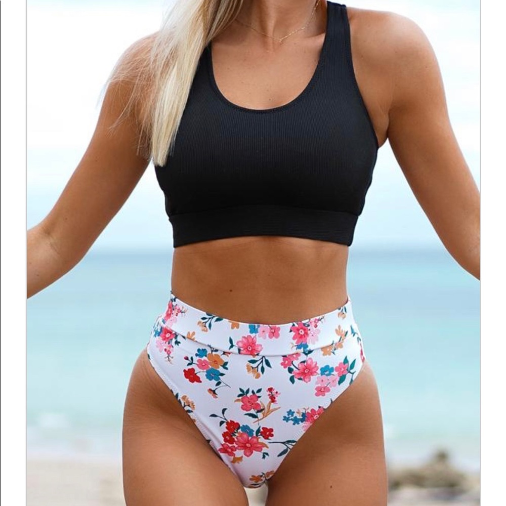 High waist floral print bikini waist